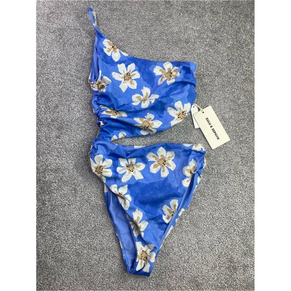 Madewell X Zulu Zephyr Hawaii Swimsuit Size 2 Blue Floral Cut Out